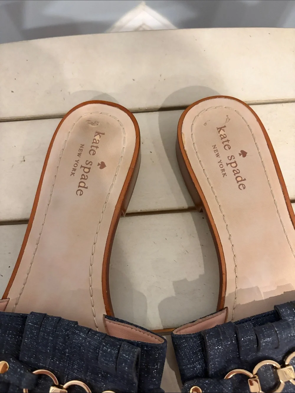 kate spade Brie Navy Dark wash Denim Fringe Slide Sandals with Gold Chain